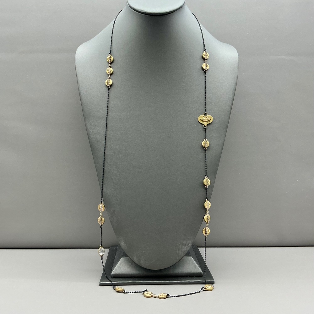 Juicy‎ Couture Necklace Black Chain Gold Tone Crystal Stations 36" Y2K
